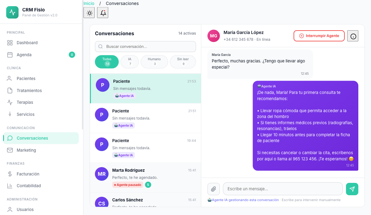 Agente IA gestionando conversaciones — CirugiaNexa