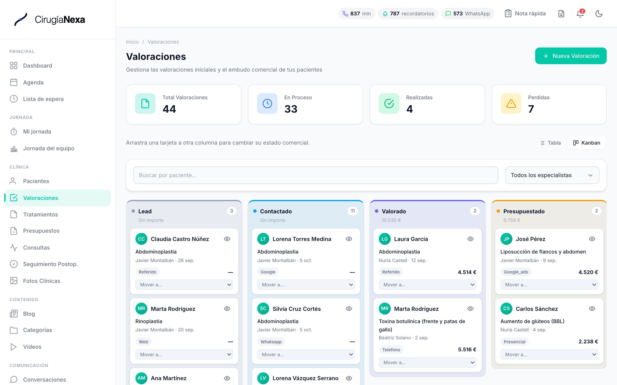 CirugiaNexa consultation pipeline in kanban view, with patients grouped by sales stage