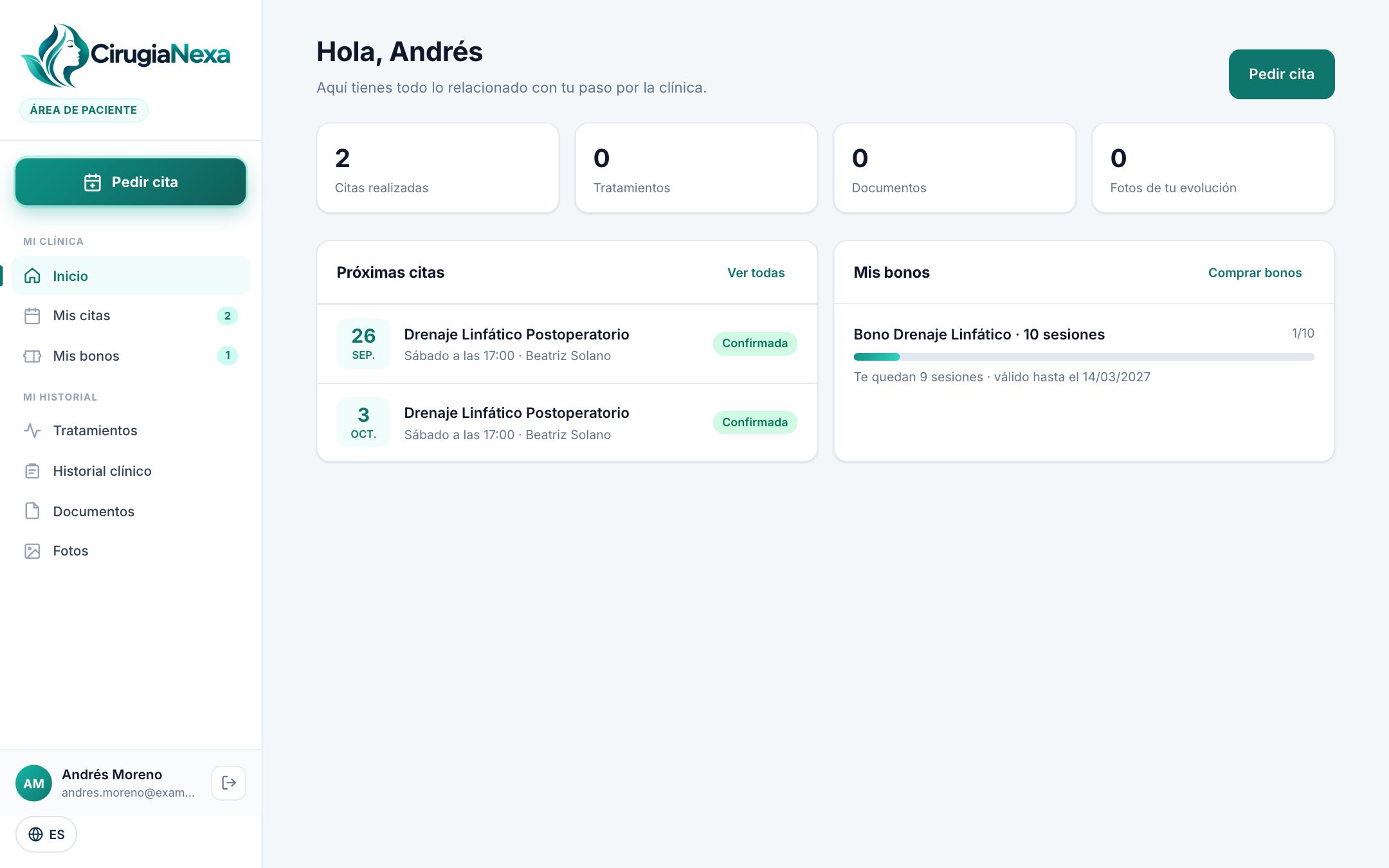 CirugiaNexa patient portal showing upcoming appointments and packages